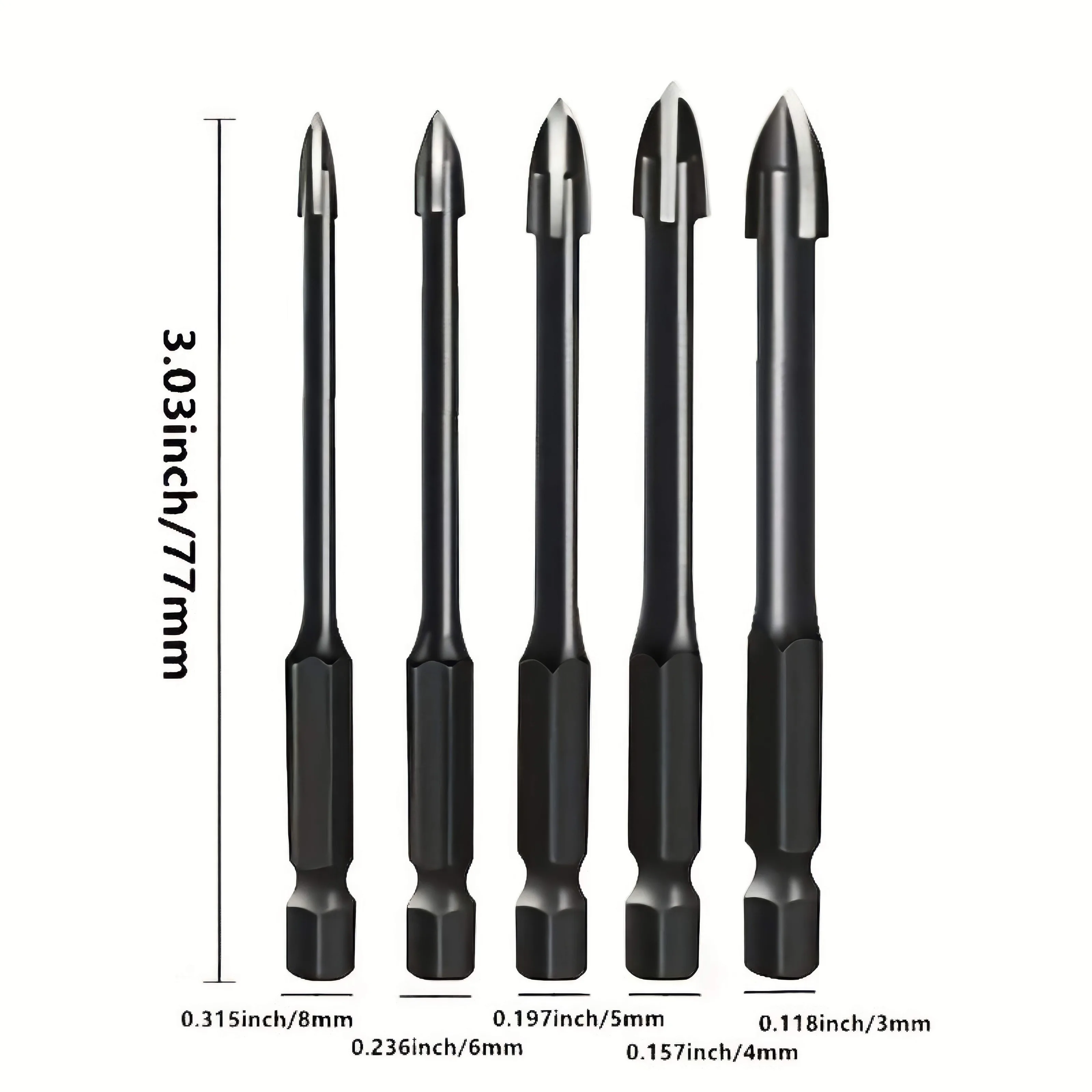 5 قطع من لقم الثقب المدببة باللون الأسود، لقم الثقب الثلاثي ذات المقبض المستقيم، مناسبة لبلاط السيراميك/الزجاج/الجدران #3