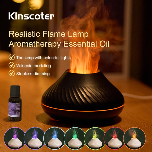 Kinscoter Volcanic Aroma Diffuser Essential Oil Lamp 130ml Przenośny nawilżacz powietrza USB z kolorowym płomieniem i lampką nocną