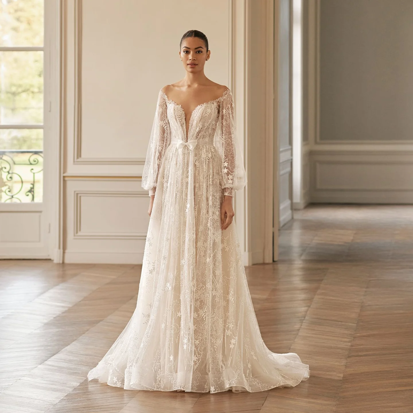 

Sharon Said Bohemia Boat Neck A-Line Off White Wedding Dress 2025 Vintage Long Sleeve Sweep Train Bride Gowns SW509 Customized