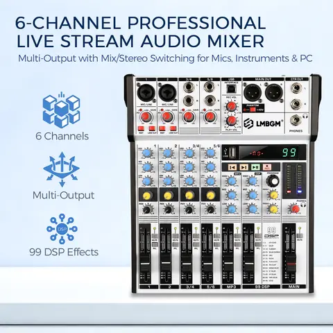 LMBGM EX502 6-Channel Professional Audio Mixer Soundboard Console with 99 DSP Effects, Bluetooth, USB PC Recording Input, 48V Phantom Power, Para EQ, PFL/Mute XLR Microphone Jack for DJ Controller Recording Mixing Live Streaming Stage Performance