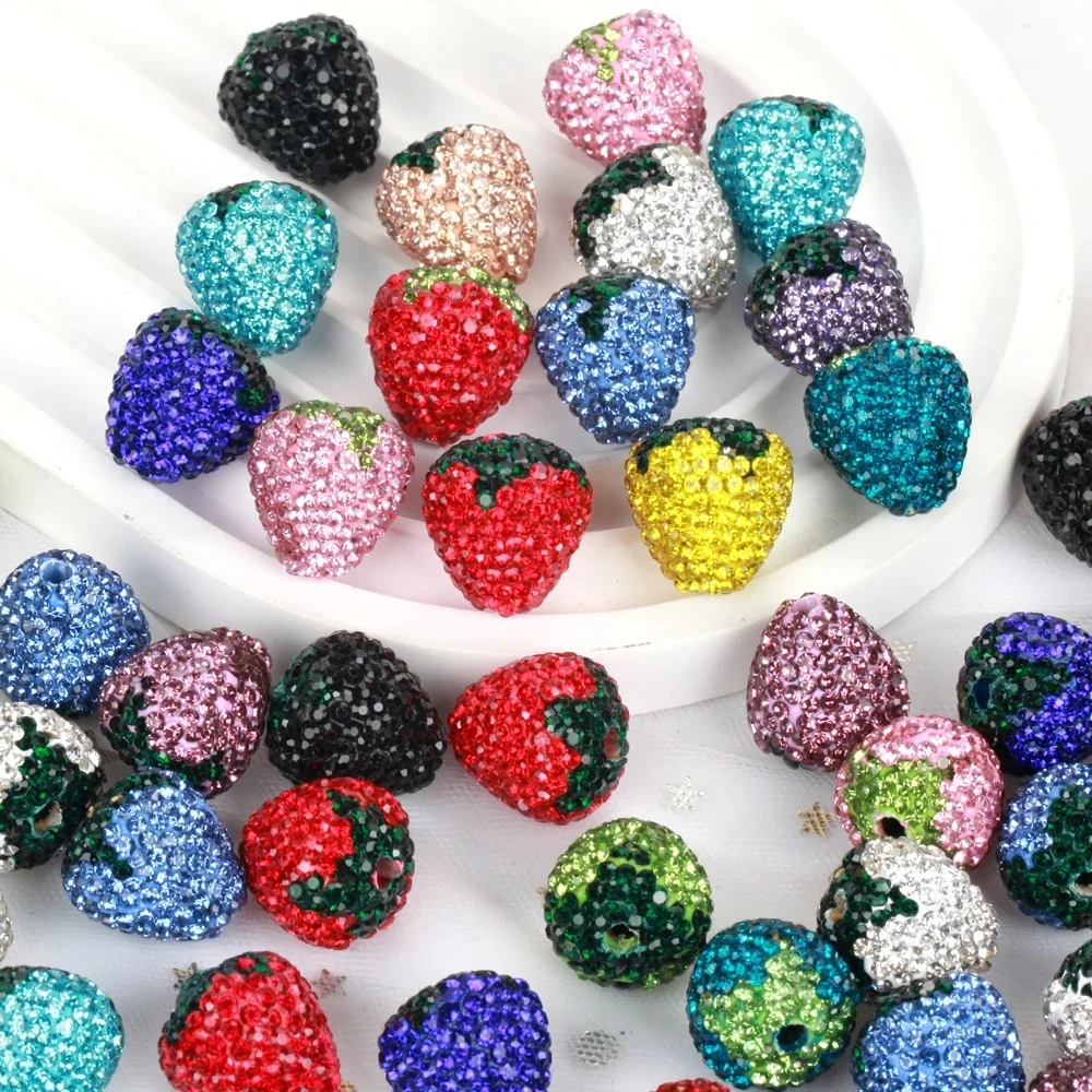 16x17mm 1/3/5 sztuk urok truskawka błyszcząca glina polimerowa koraliki Rhinestone do tworzenia biżuterii naszyjnik DIY bransoletki akcesoria VD — zdjęcie 2