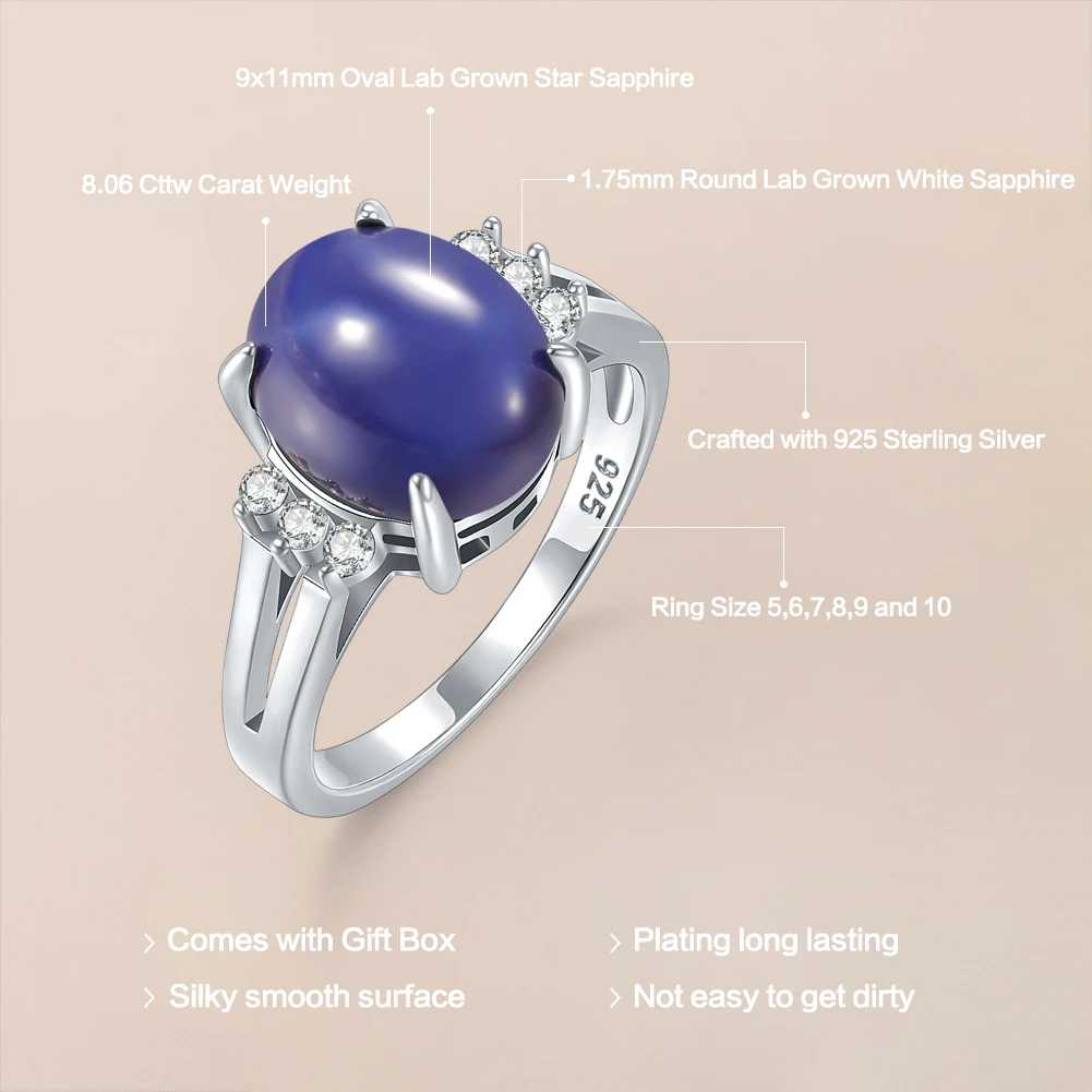 GEM'S BALLET Oval 9x11mm Lab Grown Star Sapphire Birthstone Engagement Ring in 925 Sterling Silver Gift For Her