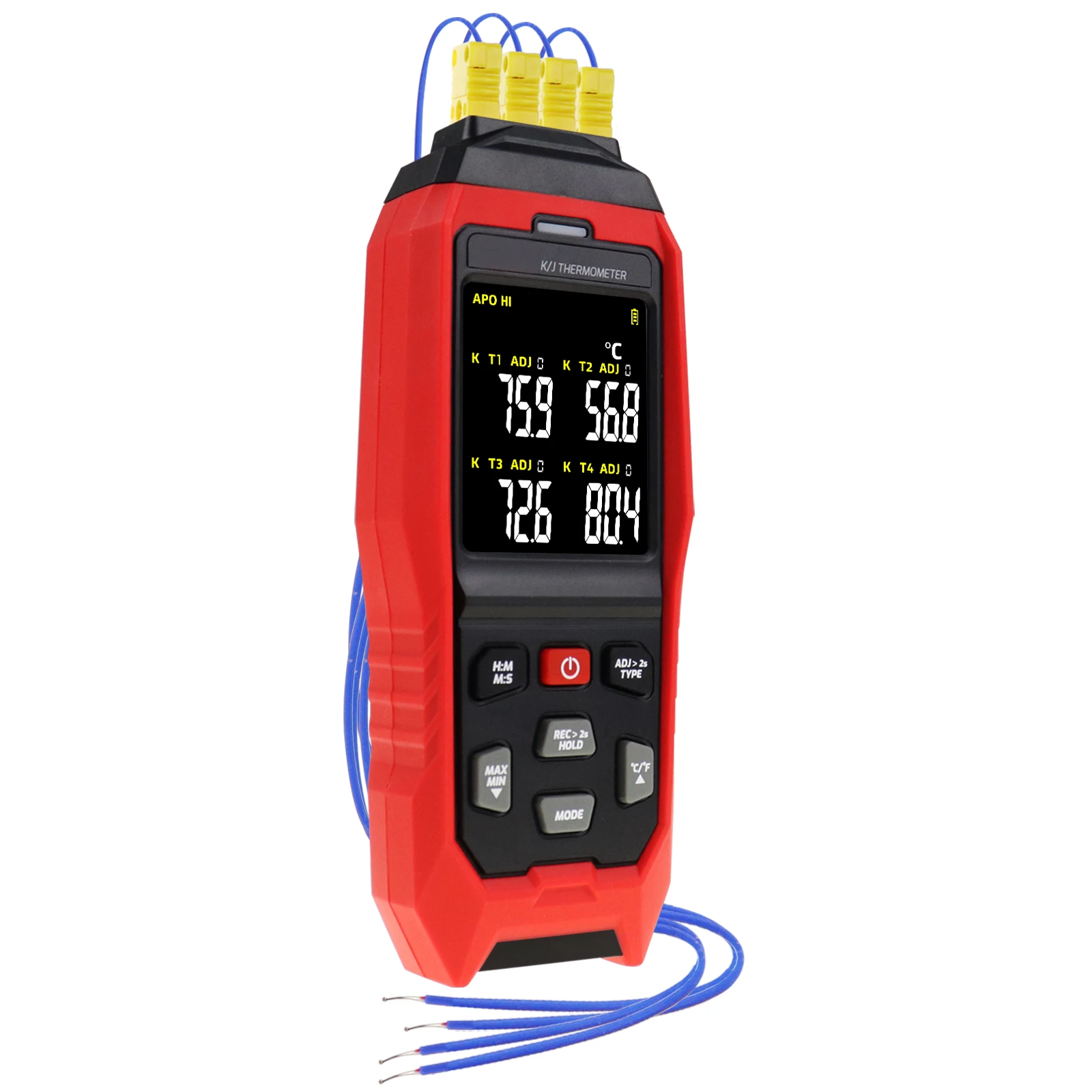 4-Channel Display K/J Datalogger Thermocouple Thermometer Real-Time Data Logging, Audible and Visible Alarm & ADJ Compensation