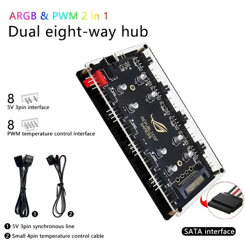Dual 8-Port Fan Hub ARGB/PWM 2-in-1 5V 3-Pin Lighting Sync, 12V 4-Pin Temperature Control, SATA Power Supply