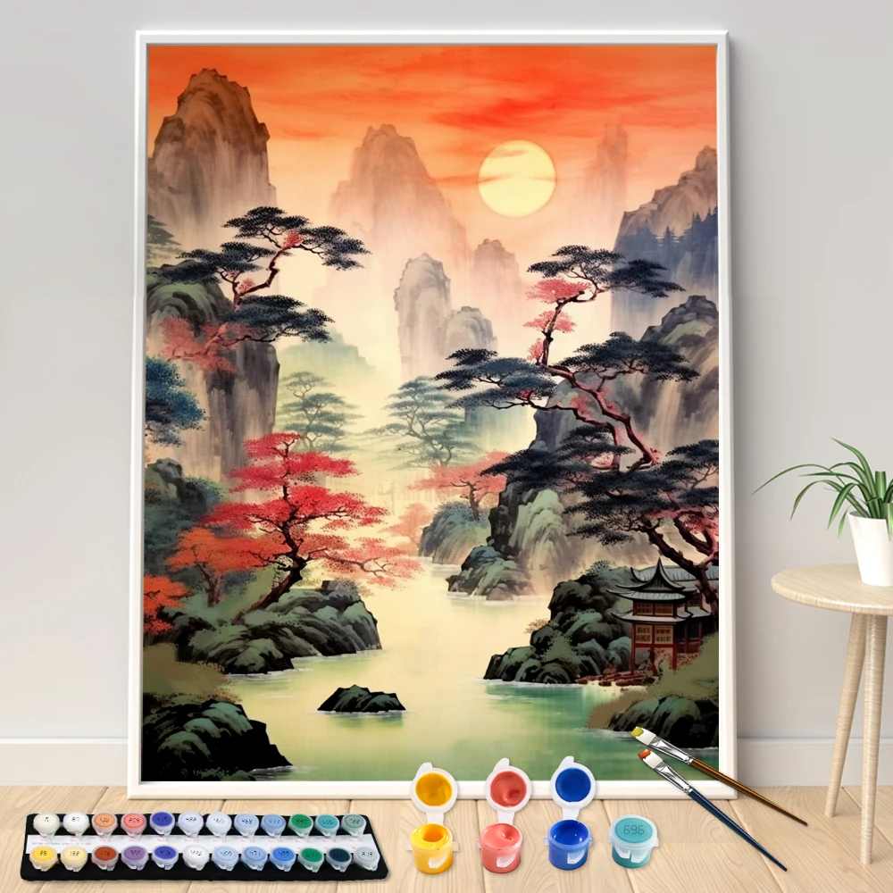 Aldult Hand Painting Sunrise In The Mountains Kids Acrylic Painting By Numbers Kit DIY Artwork Canva Art Gift Home decorate