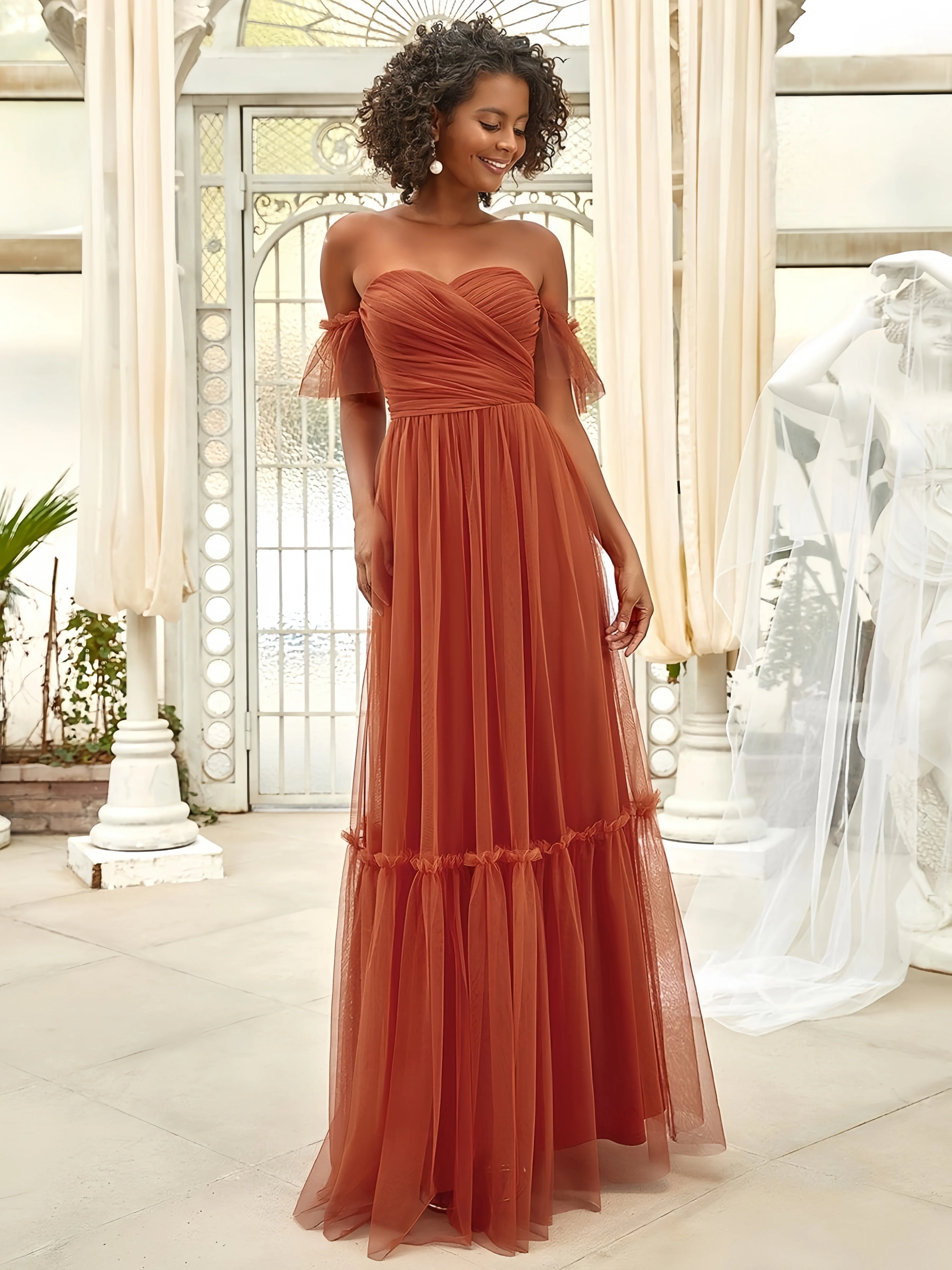 

Off the Shoulder Sweetheart Prom Dress Long Pleated Tulle Elegant Evening Dresses A-line Ruffles Sleeves Bridesmaid Dress