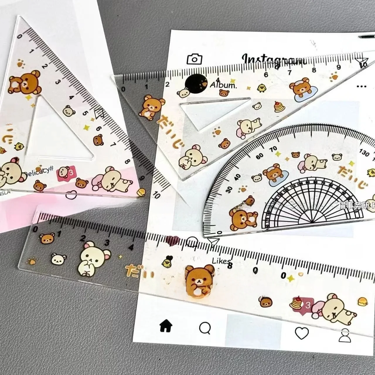 4 pièces Rilakkuma Triangle règle rapporteur ensemble Kawaii Relax ours école papeterie étudiant mathématiques géométrie dessin fournitures cadeau