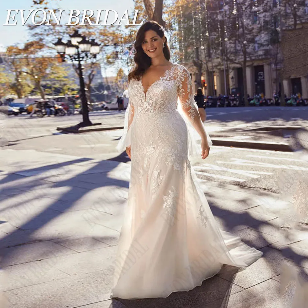 EVON BRIDAL Mermaid Plus Size Wedding Dresses Long Sleeves Applique Backless Bridal Gowns Lace V-Neck Tulle Vestidos De Novia