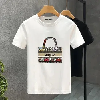 Korean Luxury Brand Bag Print Y2k T-shirt For Women\'s Summer  Ladies Short Sleeved Tees Clothing Loose Pure Cotton Soft Tops