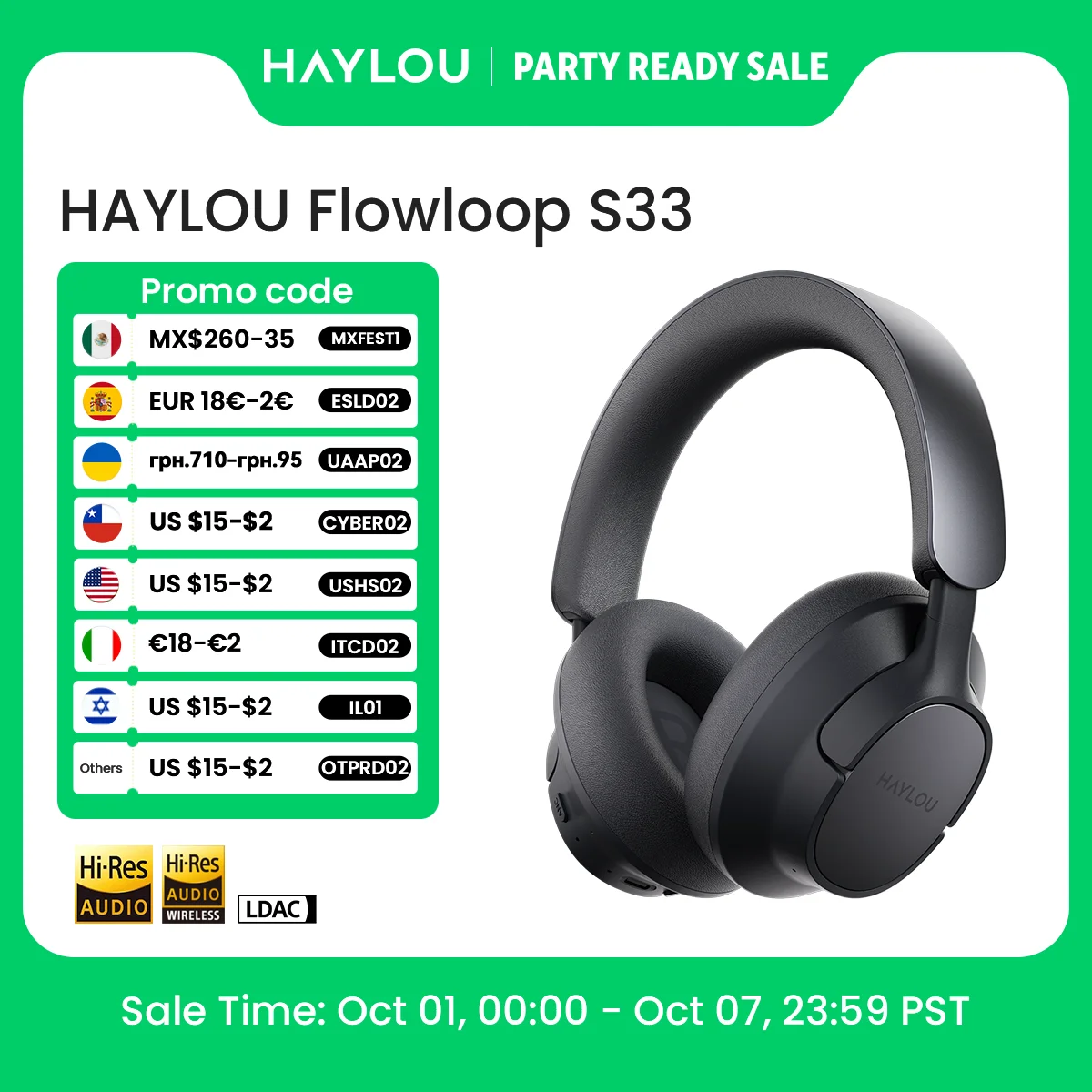 HAYLOU FlowLoop S33 Wireless Headphones Over Ear Bluetooth Earphones 45dB Active Noise Cancellation Hi-Res LDAC 100h Playtime