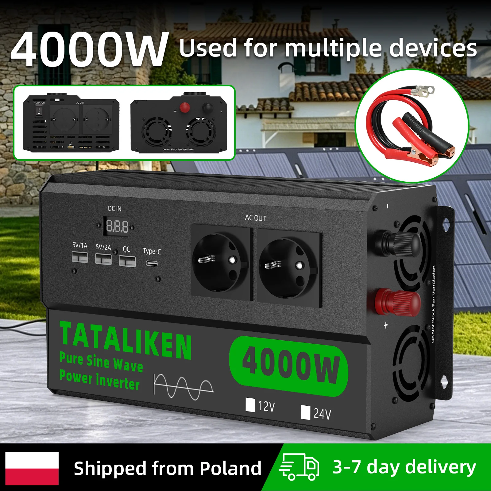 Convertitore di alimentazione compatto da 12V a 220V, da 4000W a 6000W, con ventola a velocità variabile, protezione da sovraccarico e surriscaldamento, prese europee, ideale per lavori da remoto,
