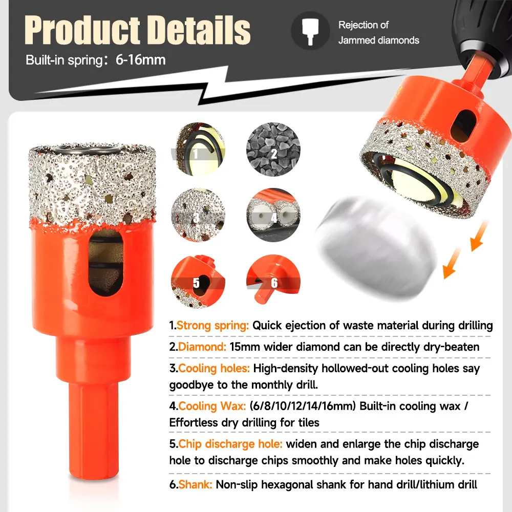 19PC Diamond Hole Saw Kit with Auto Eject Spring Cooling Wax for Tile Granite Marble Wet Dry Drilling Hex Shank 6-60mm Drill bit