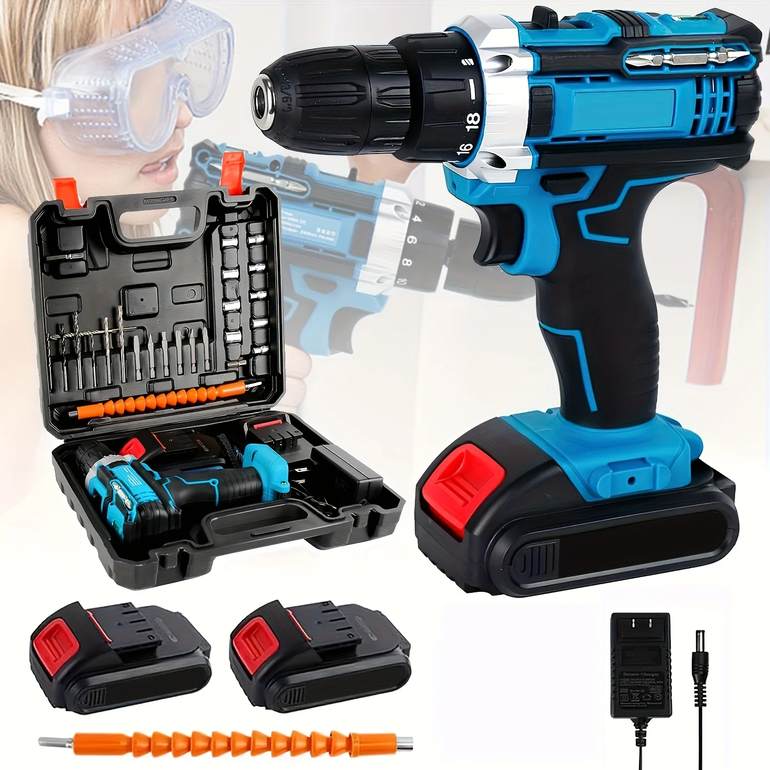 Set trapano elettrico a batteria da 21 V, trapano elettrico da 23 pezzi, con mandrino autoserrante da 3/8, trapano elettrico 25 3 frizione, con luce di lavoro, coppia massima 45 Nm, velocità di 2