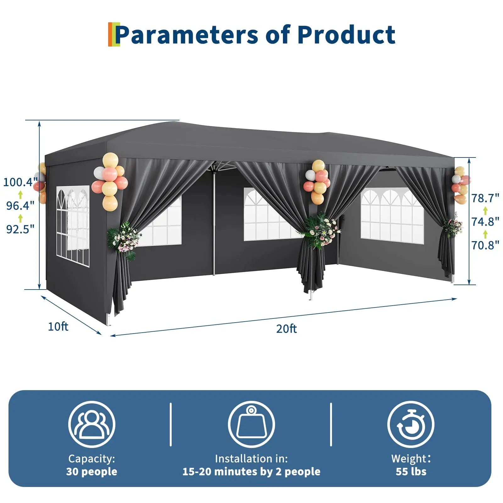 10x20 Pop Up Canopy Tent with 6 Removable Sidewalls, Easy Up Commercial Canopy Tents for Parties, Large Heavy Duty Outdoor Canopies with 3 Adjustable Heights, Stakes X18, Ropes X6, Grey view 6