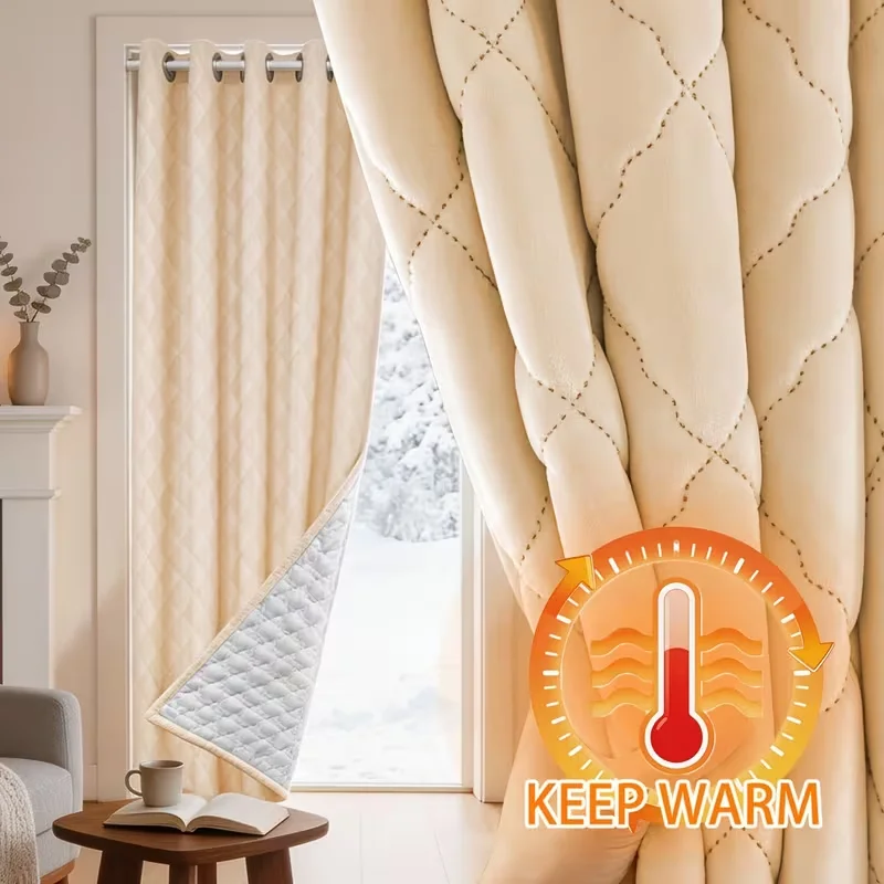 1PC Quilted Thermal Door Curtain, Grommet Top Windproof Insulated Blackout Divider for Bedroom, Living Room & Balcony