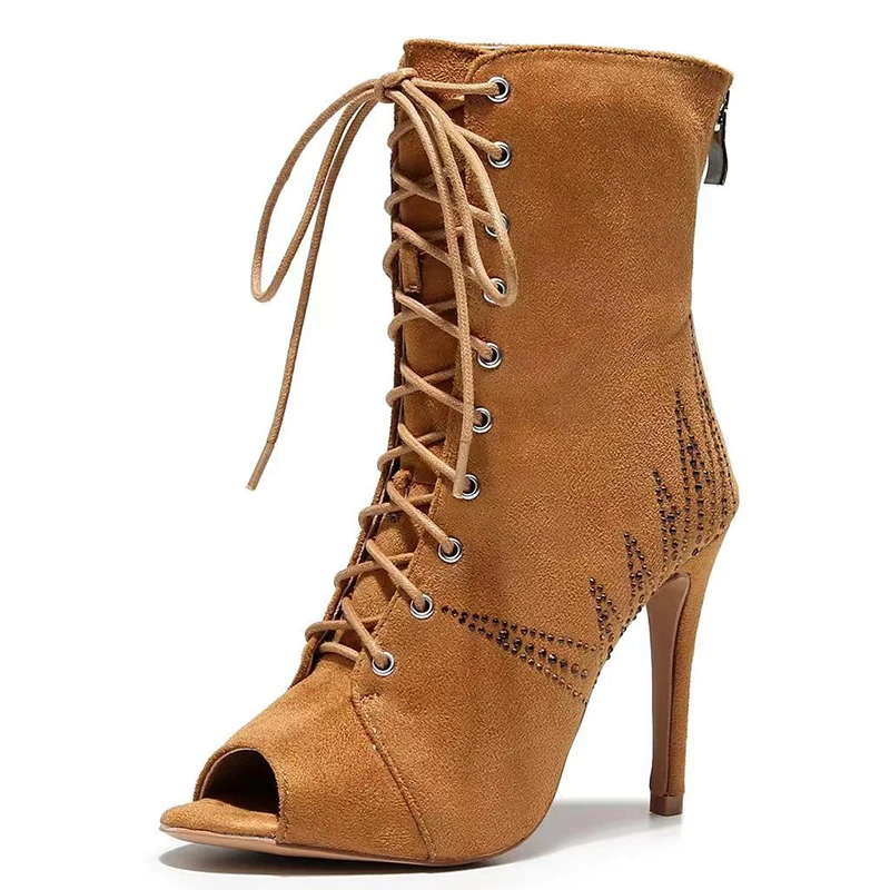 Woman Brown Flannel Latin Dance Boots Women High Heel Stiletto Bootie Ladies Lace Up Rhinestone Jazz Dance Shoes Slim Heel 8.5cm