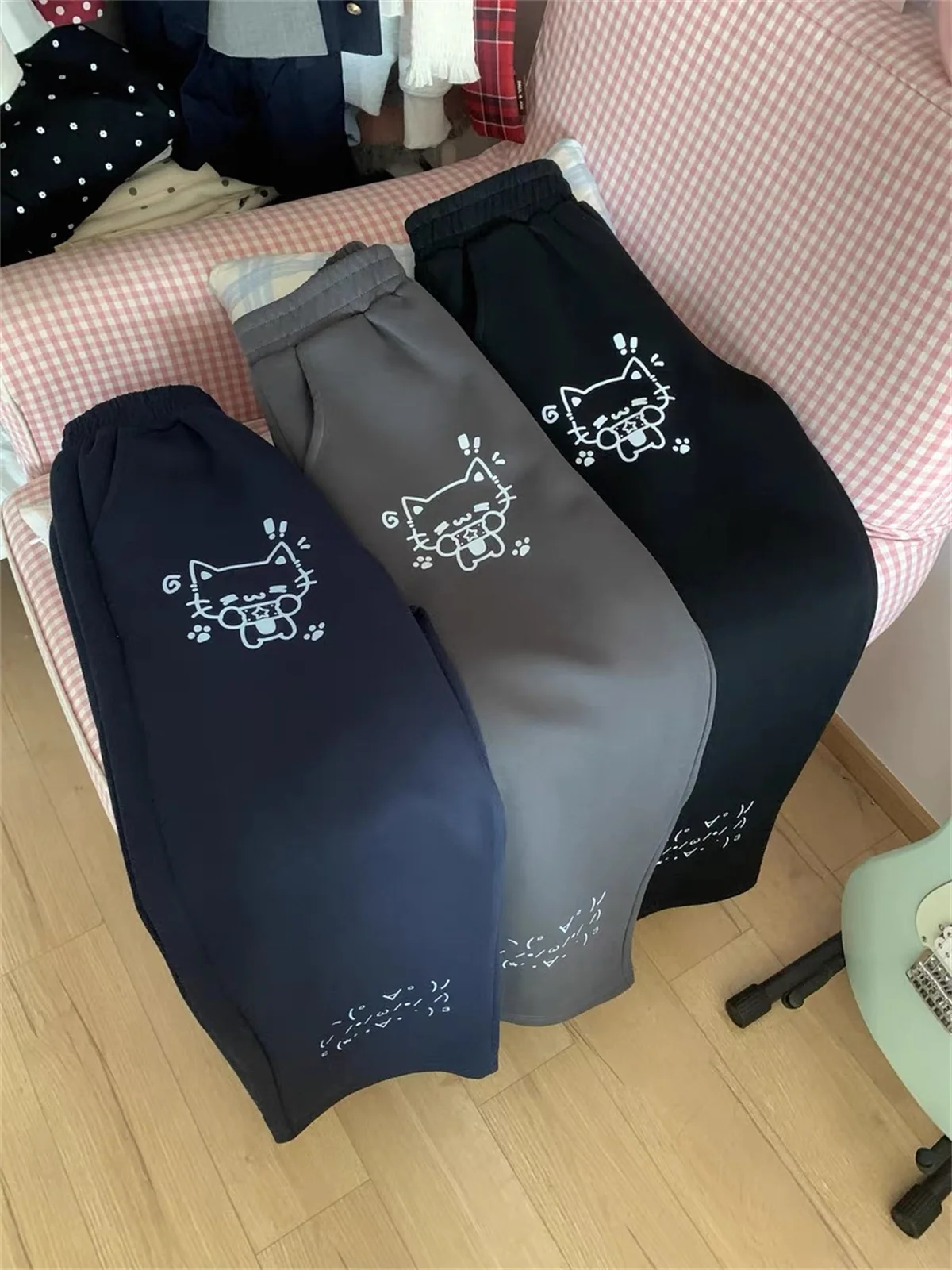 일본 와이드 레그 카고 팬츠 여성 만화 프린트 프레피 스타일 팬탈로네스 무헤르 Y2K 에스테틱 그런지 포켓 조거 팬츠 스웨트팬츠