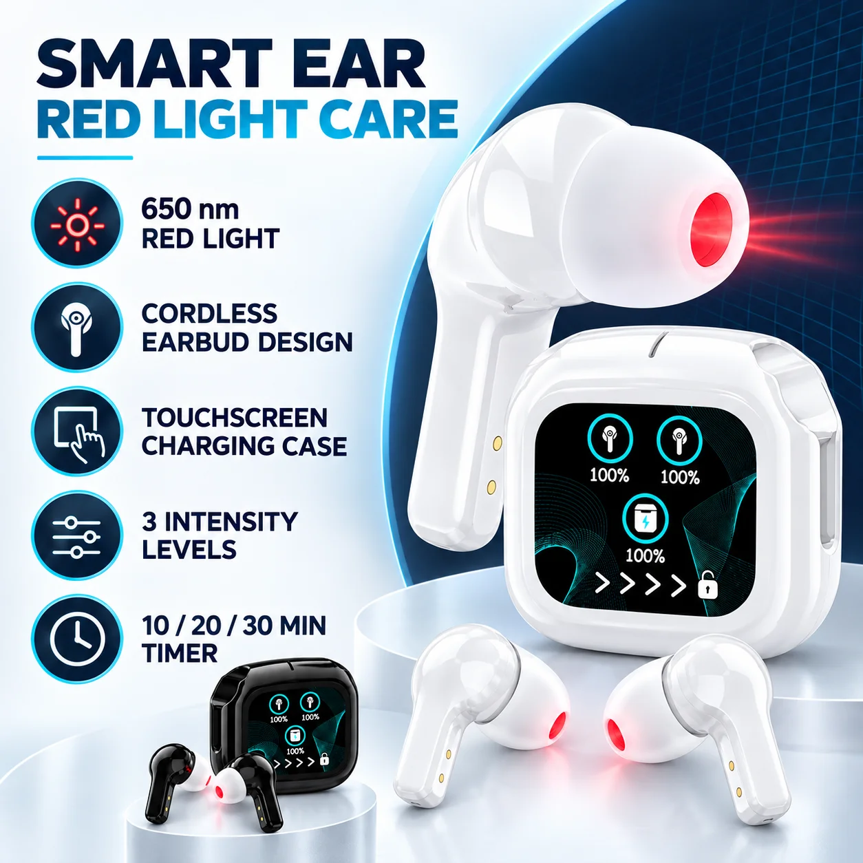650nm Red Light Ear Care Earbuds with Touchscreen Charging Case 3 Intensity Levels 10 20 30 Min Timer Portable Daily Wellness