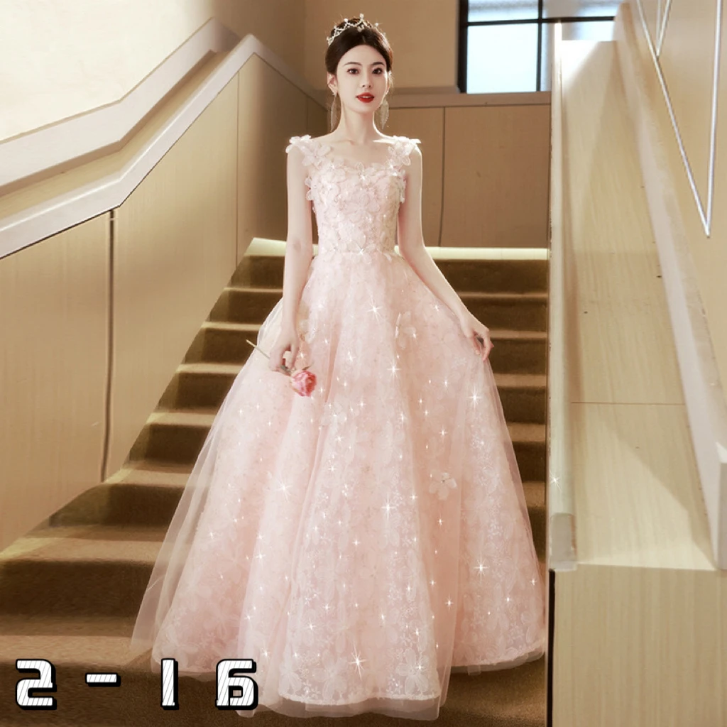 Evening dress pink forest flower high-end engagement wedding toast dress host performance graduation performance dress skirt