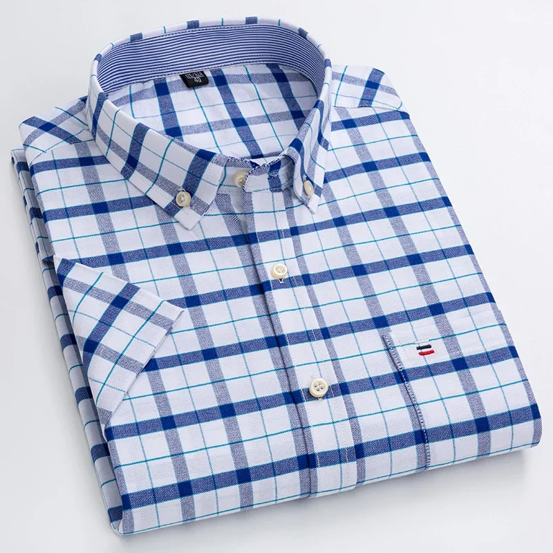 100% Katoen Zomer Heren Oxford Shirts Korte Mouw Plaid Zacht Regular Fit Formeel Overhemd Sociale Blouse Mannelijke Kleding Maat 7X - afbeelding 2