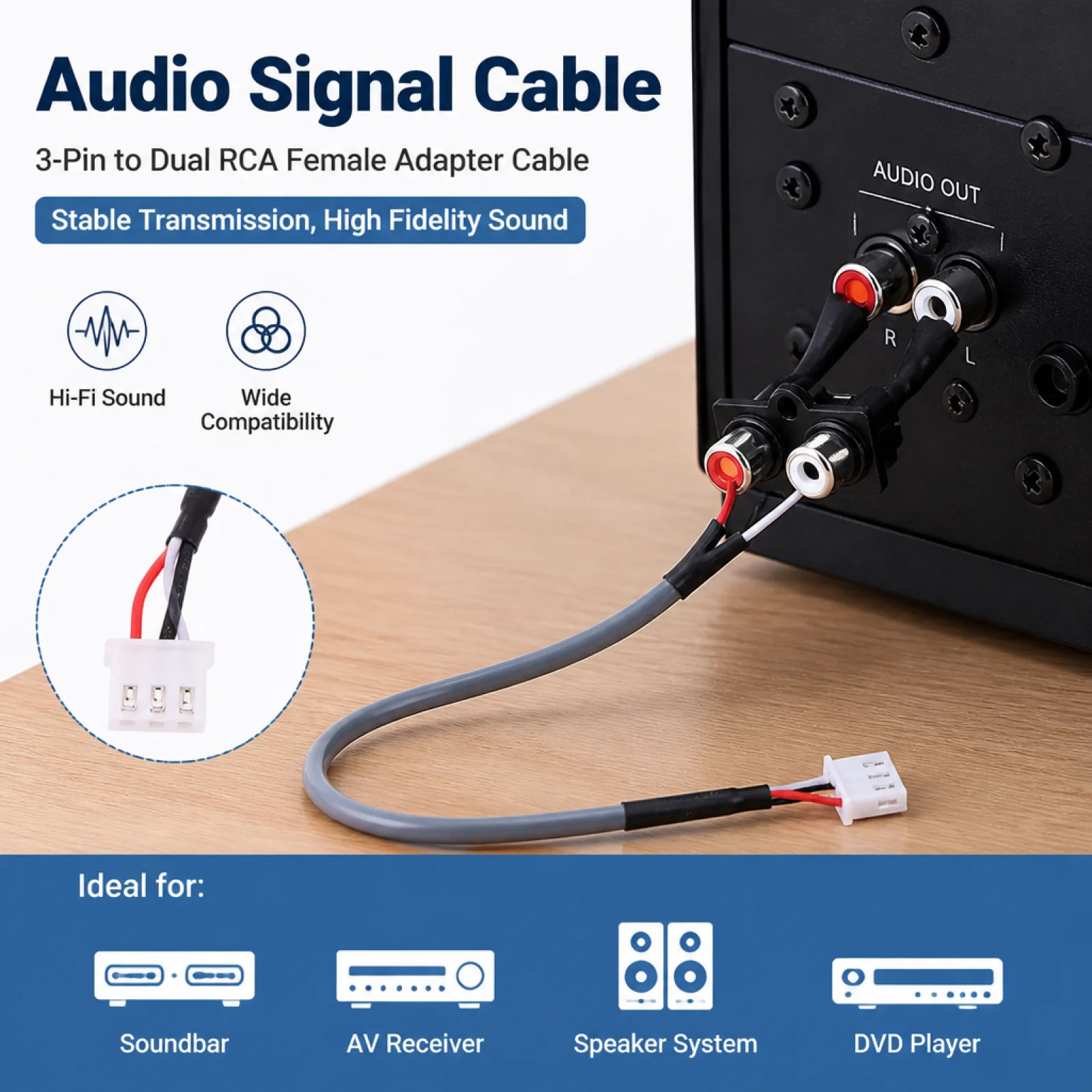 Audio Signal Cable Portable Audio Video Adapter RCA Jack Easy Installation Panel Mount Audio Input Socket 2 RCA to Xh2.54mm-3Pin