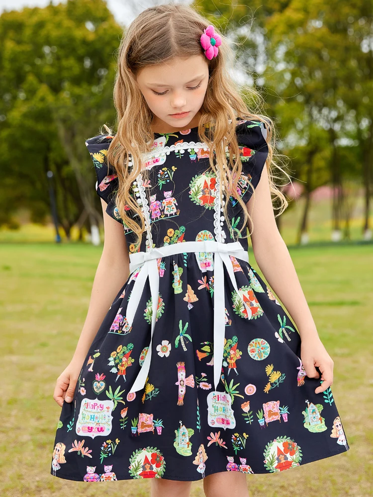 Summer dress black floral printed exotic princess  swing dress for girl