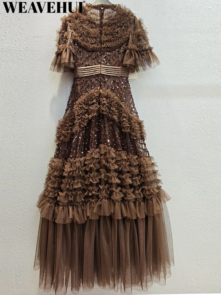 WEAVEHUI Wome Vintage Big pendulum Mesh Maxi Dresses O-Neck Flare Sleeves Sequins Spring Summer new model