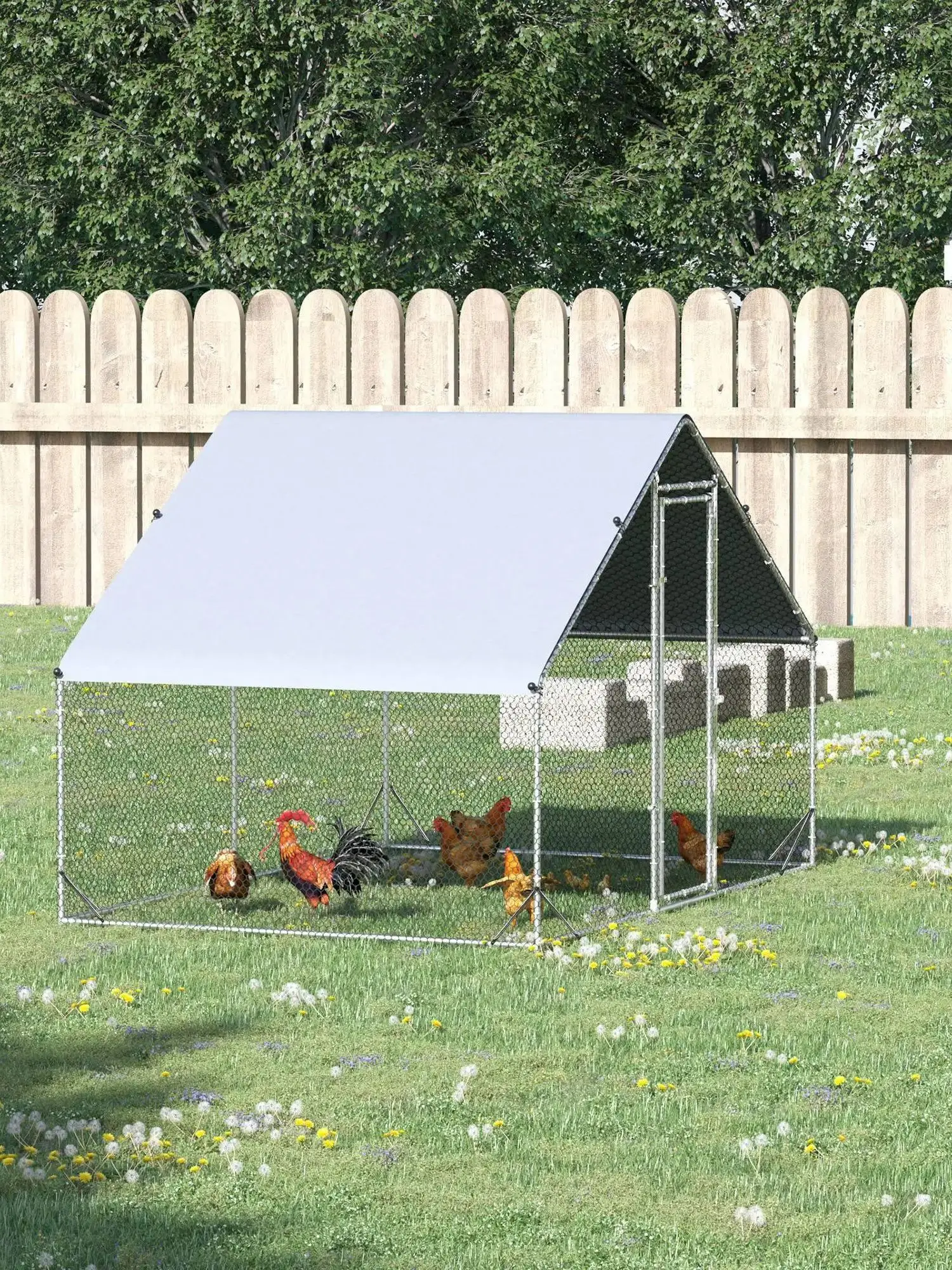 PawHut Free-range stalen kippenhok 300x200x200 cm kippenren Zilver - afbeelding 2