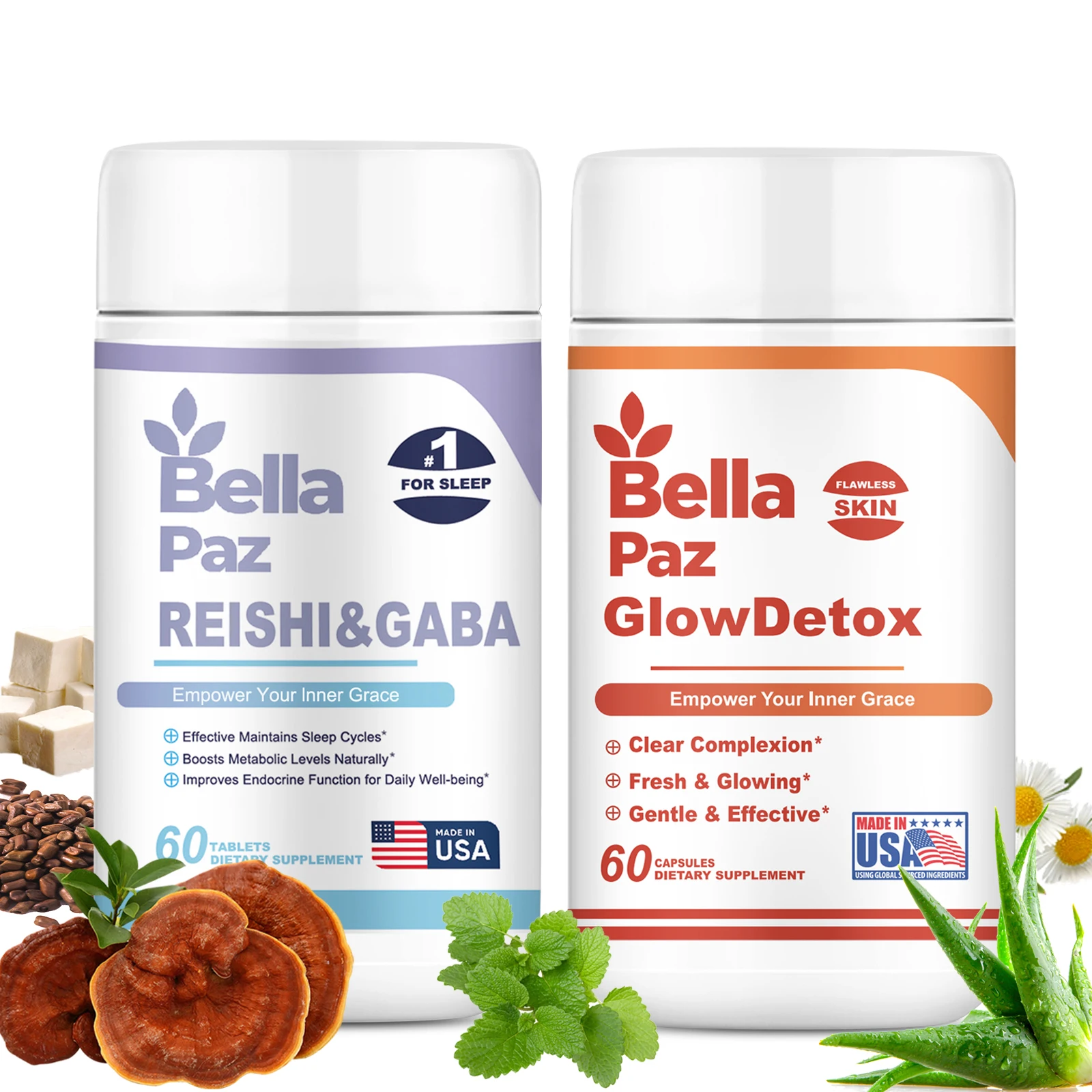 BellaPaz-GlowDetox و Reishi و GABA حزمة ، عناية كاملة على مدار 24 ساعة لجمال مشع ، تعزيز العافية ، نوم مريح