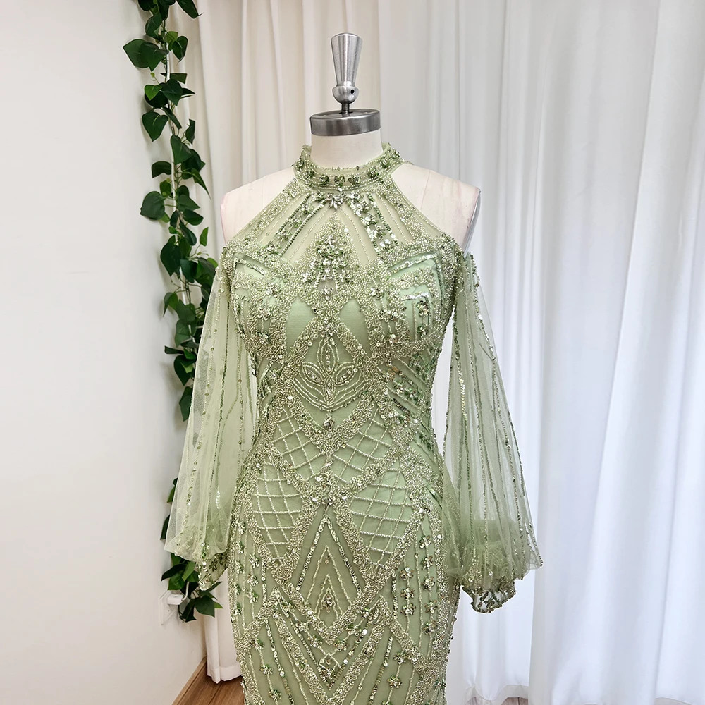 Vestido de noche árabe de sirena elegante para mujer, vestidos formales de fiesta de boda con cuello alto y mangas largas, personalizados, 2024