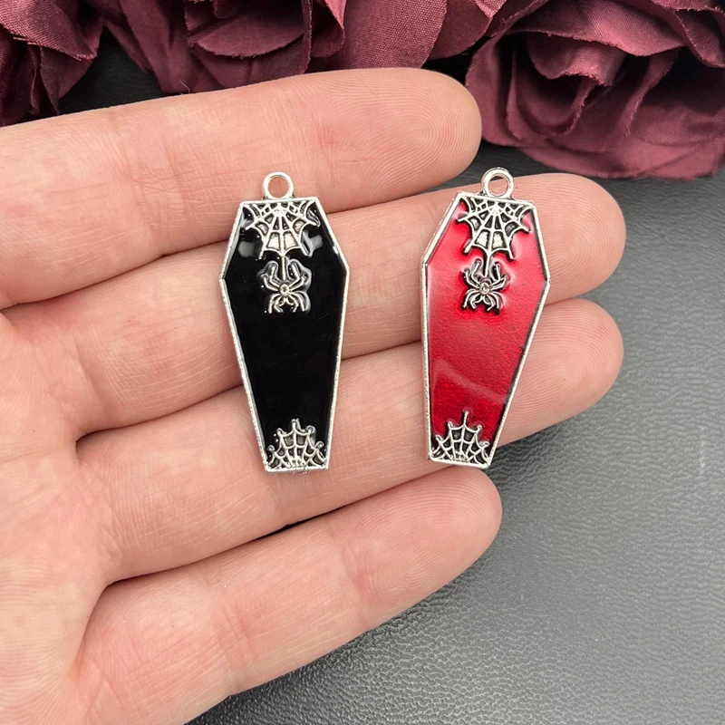 5pcs 40*17mm Gothic Coffin Spider Web Charm Enamel Coffin Halloween Pendant DIY Necklace Earrings Handmade Jewelry Accessories