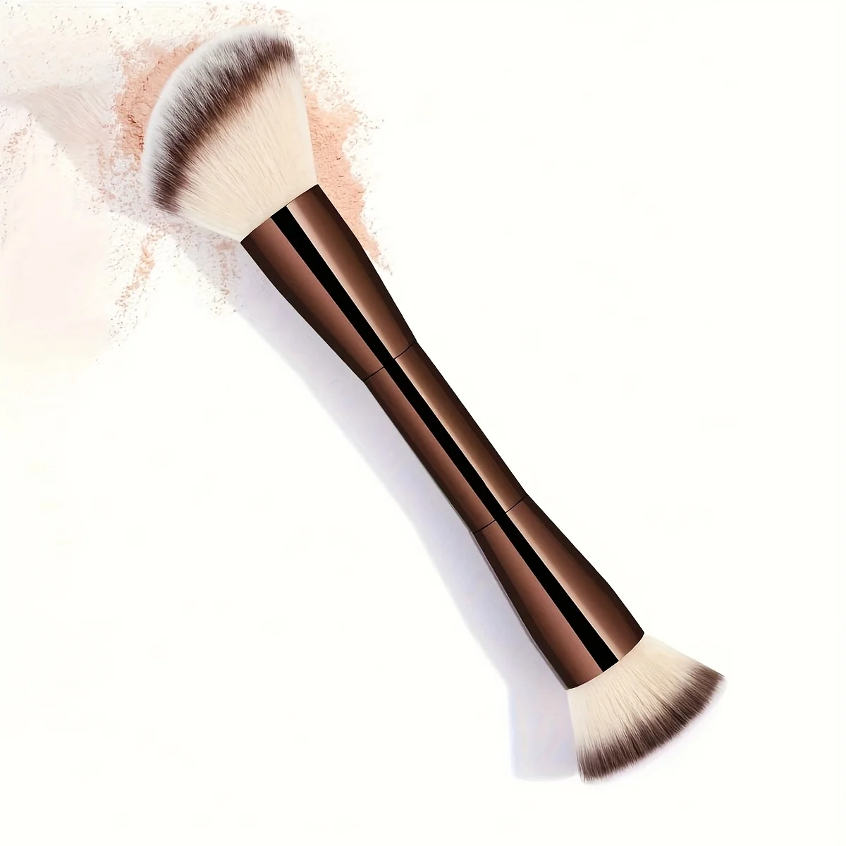 1Pc Double Ended Makeup Brush Aluminum Tube Handle Angled & Flat Top Soft Gradient Bristle Blush Powder Contour Highlighter Face