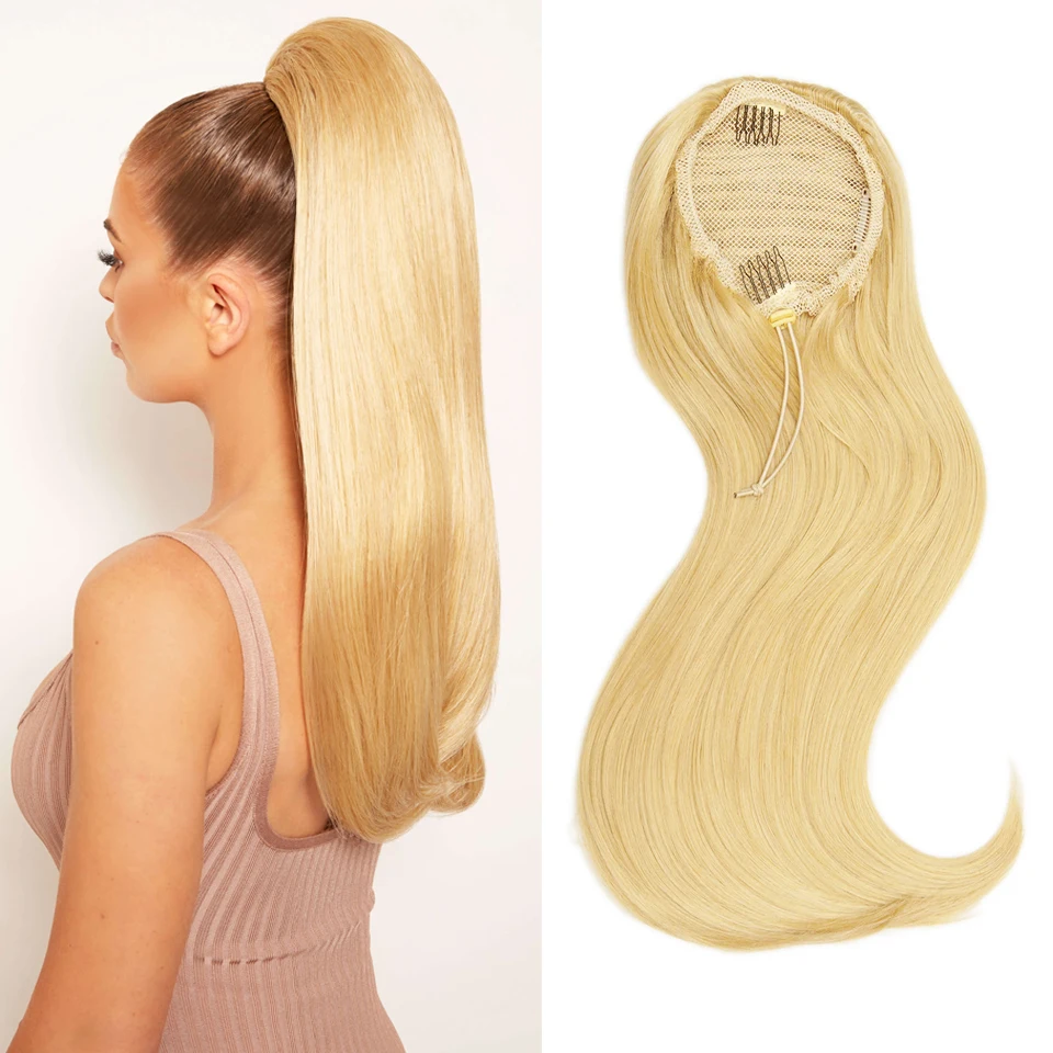 

613 Цвет Наращивание хвоста на шнурке Прямые 100% человеческие волосы Remy Конский хвост Прямые наращивания хвоста Цвет золотисто-русый