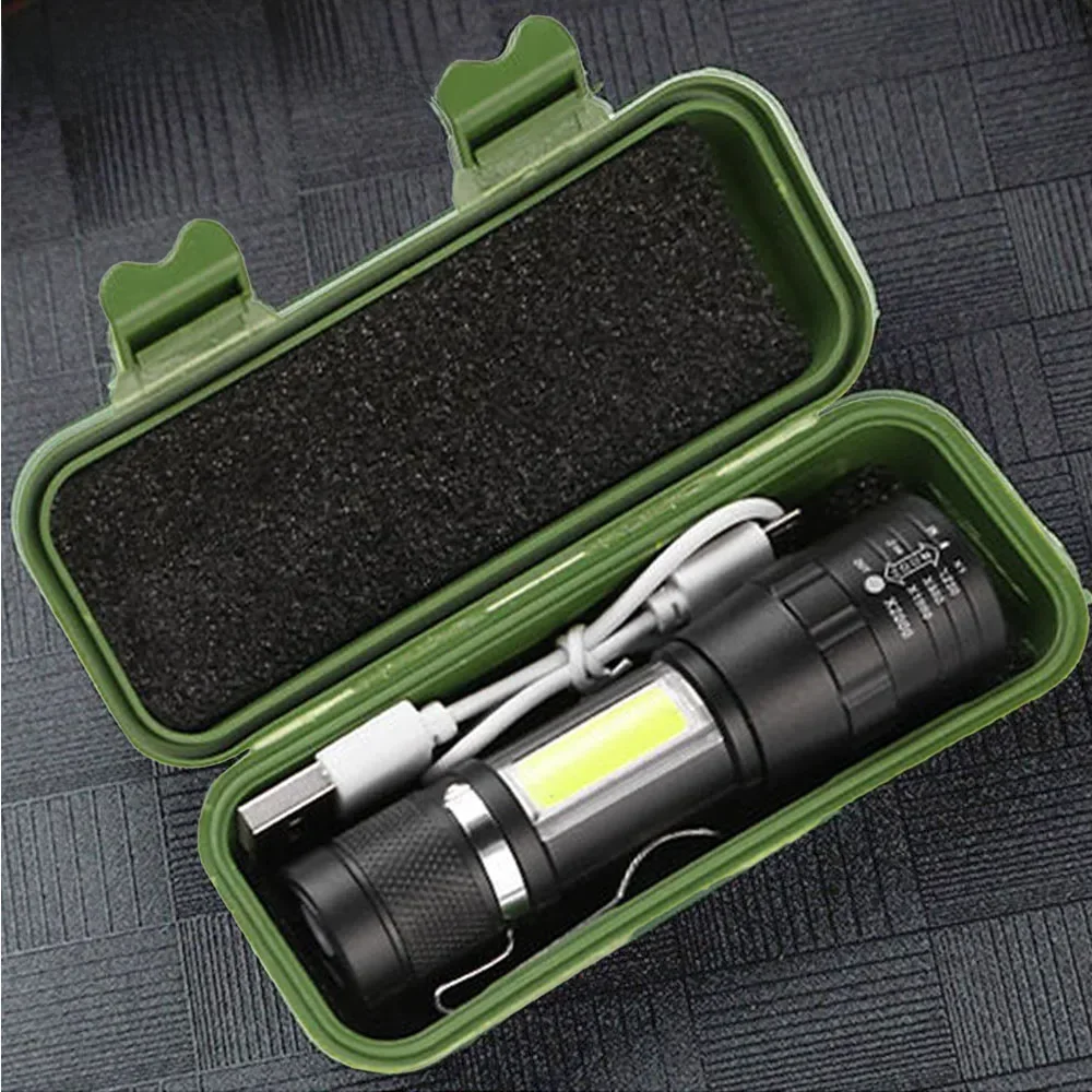 Lampe de poche T6 COB, Rechargeable, Portable, LED, batterie intégrée, Zoom, Flash, 3 modes, torche d'urgence étanche