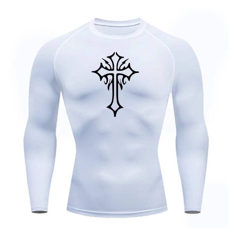 Cross Print Compression Shirt for Men Christian Athletic Tshirt Tees Tops Gym Workout Running Baselayers Undershirts Rash Guard