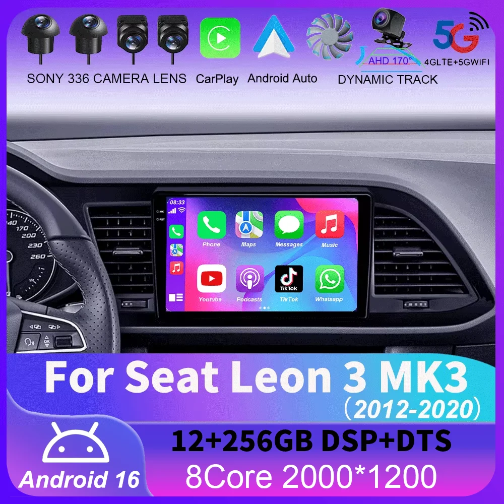 Radio samochodowe Android 16 Carplay Auto do Seat Leon 3 MK3 2012-2020 Nawigacja GPS 4G WIFI Odtwarzacz multimedialny wideo Stereo Kamera 360