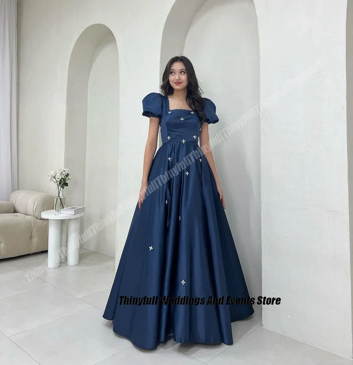 Thinyfull A-line Satin Prom Dresses Square Collar Short Sleeves Evening Party Gowns Crystal Long 2024 Formal Occasion Dress