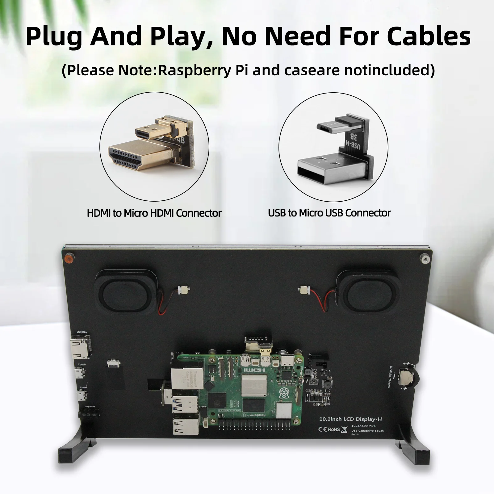 10.1 inch Capacitive Touchscreen,IPS 1024×600, Dual Built-in Speakers, HDMI Monitor Compatible with Raspberry Pi