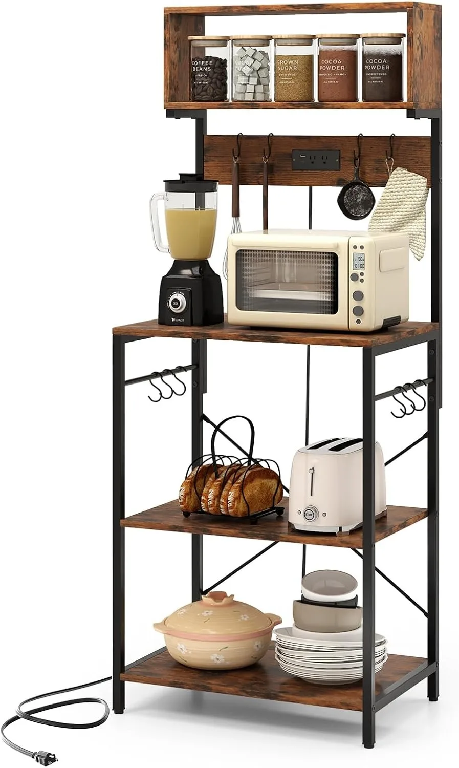 

Baker’s Rack with Power Outlet, 5-Tier Microwave Stand with Open Shelves & 10 Hanging Hooks, 60” Tall Coffee Bar Station fo