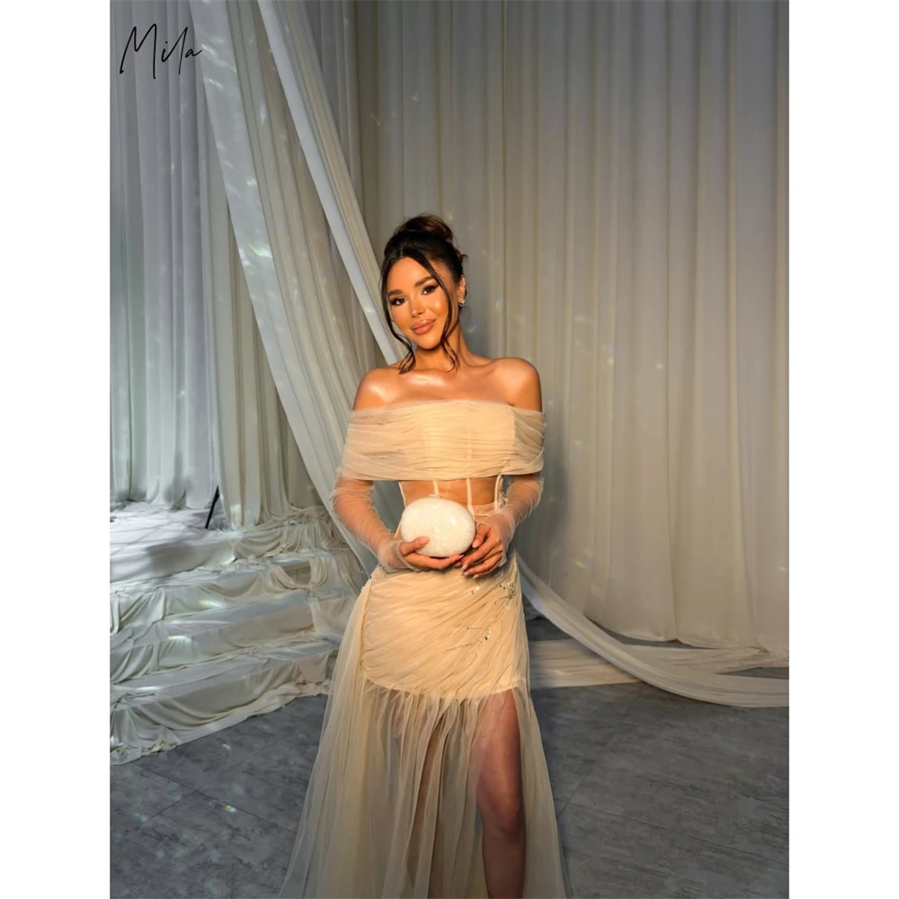 

Mila Customized Champagne Off Shoulder A-line Side Slit Prom Dress Long Sleeves Formal Evening Floor-Length Vestidos De Fiesta