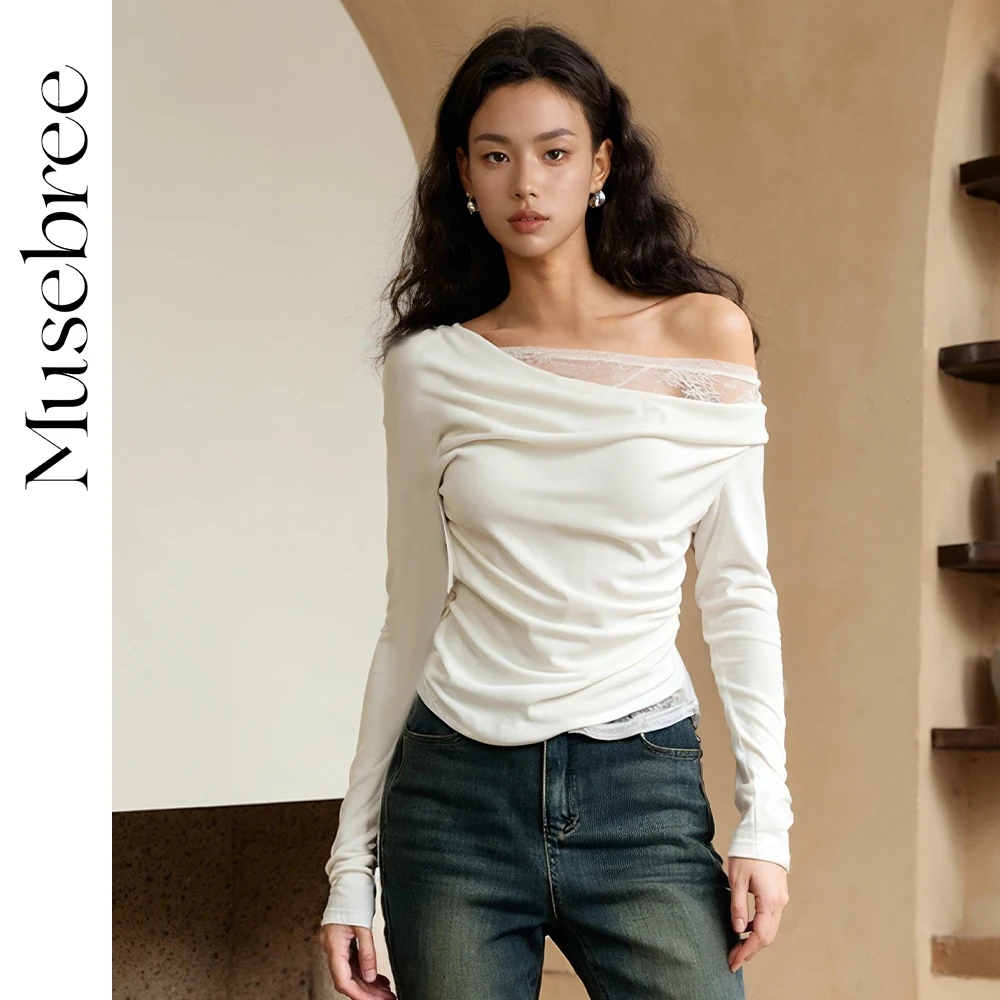 

Musebree Women's Skew Collar Lace Patchwork T Shirts Ladies Girls White Slim Long Sleeve Top Summer Women Tops