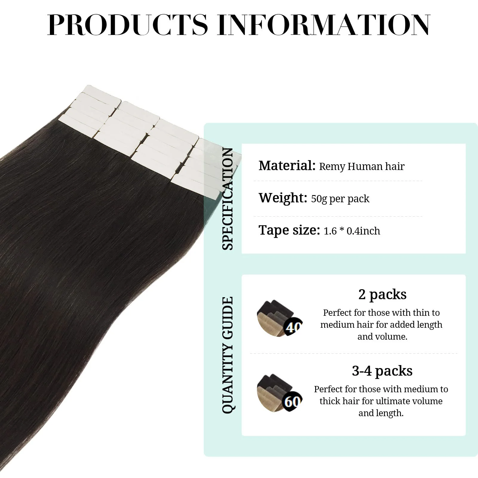 Extensiones de cinta en 20 piezas, cinta recta Real negra Natural para mujeres, cinta Remy en extensiones de cabello, cabello humano