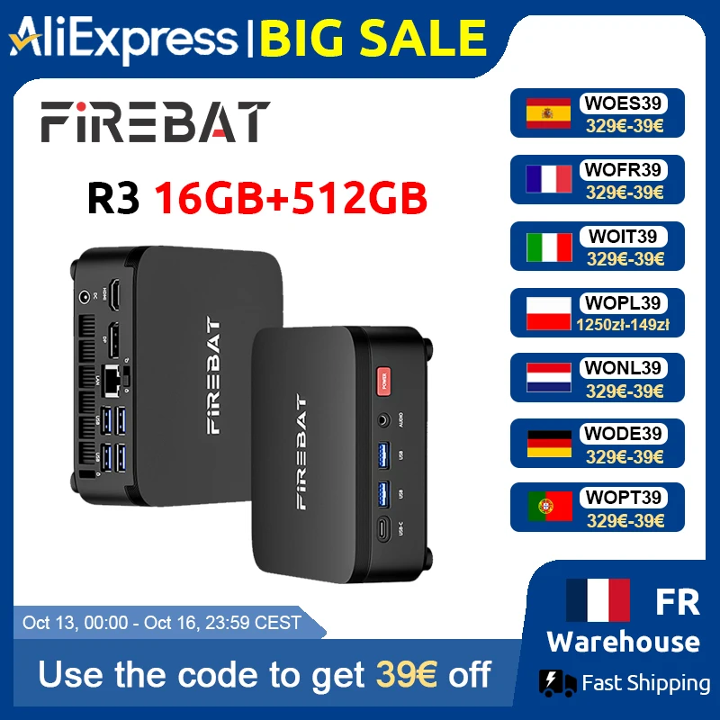 FIREBAT R3 Mini-PC Neuer AMD Ryzen 5 7430U 16GB LPDDR4 RAM 512GB SSD Wi-Fi 6 BT5.2 USB 3.0 Windows 11 Gaming Desktop Mini-Computer