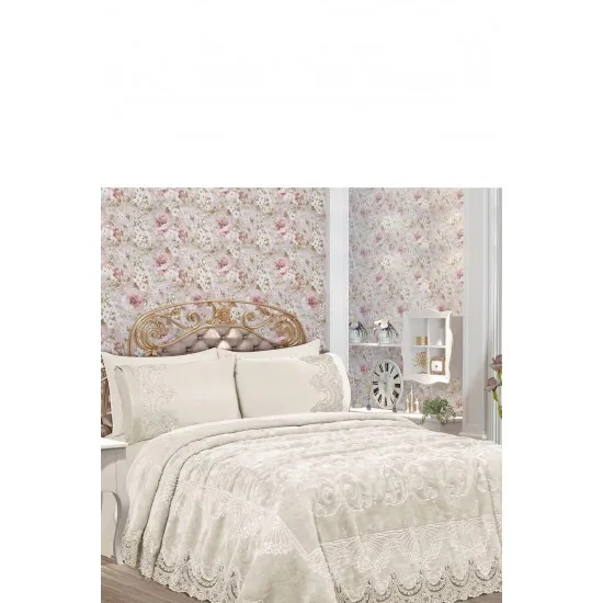 Tivoli Chrysanthemum 6 Pieces French Embroidered Blanket Set Cream