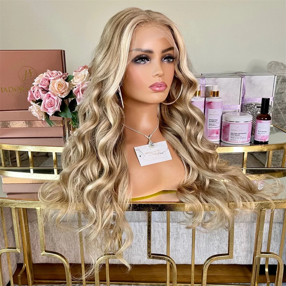 

Light Ash Blonde with Face Framing Highlights Full Lace Wigs 200% Thick Wavy Lace Front Wig 13x6 HD Invisible Transparent lace