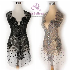 La Belleza black AB rose gold silver Red crystal rhinestone long rich bodice applique Patch for wedding prom evening dress