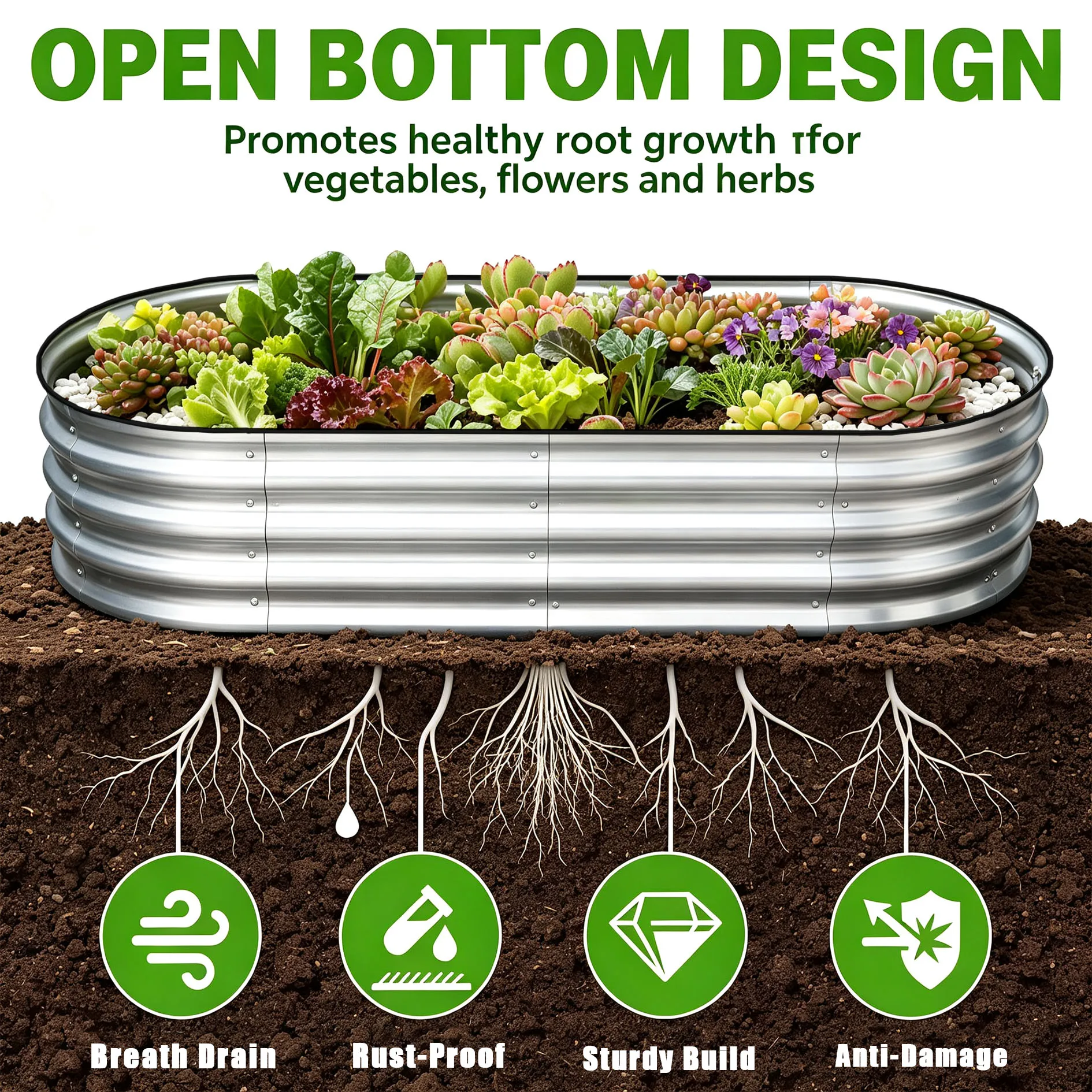 Weatherproof Oval Galvanized Metal Raised Garden Bed, Rust Resistant Corrugated Planting Box, Multi-use Outdoor Kids Sandpit Toy Storage Pool for Vegetables, Flowers & Herb Growing