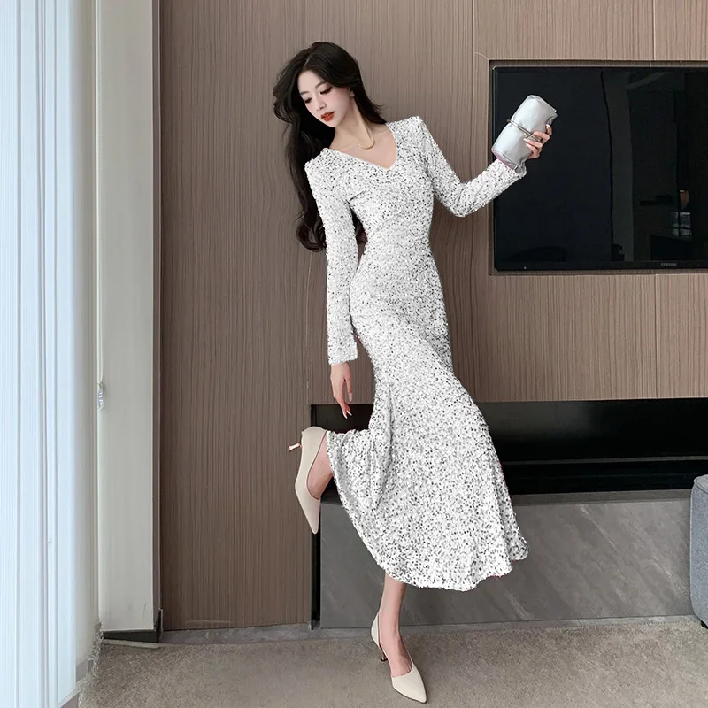 Party Dress Women Sexy V Neck Long Sleeve Dresses Slim Elegant Ladies Night Club Party Fishtail Dress Vestidos