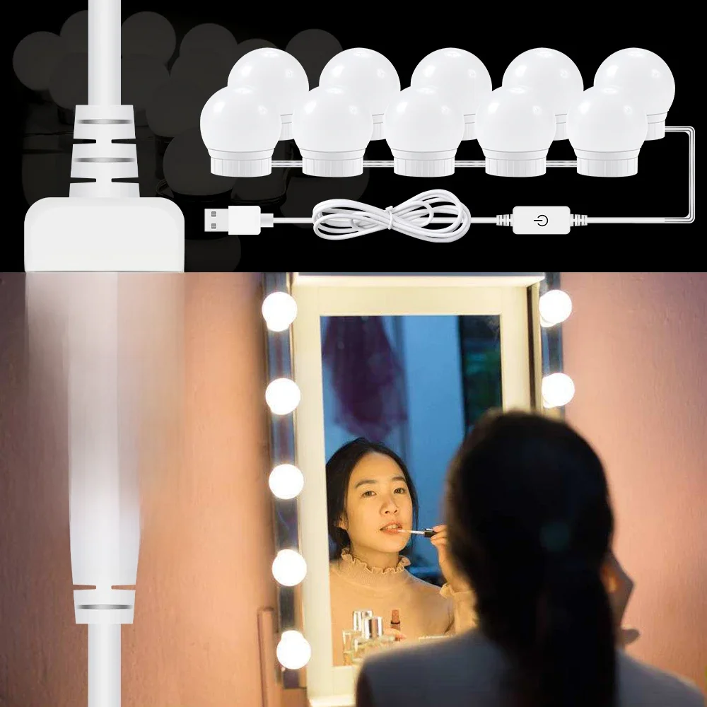 3 Modes Colors Makeup Mirror Light Led Touch Dimming Vanity Dressing Table Lamp Bulb USB 12V Hollywood Make Up Mirror Wall Lamp