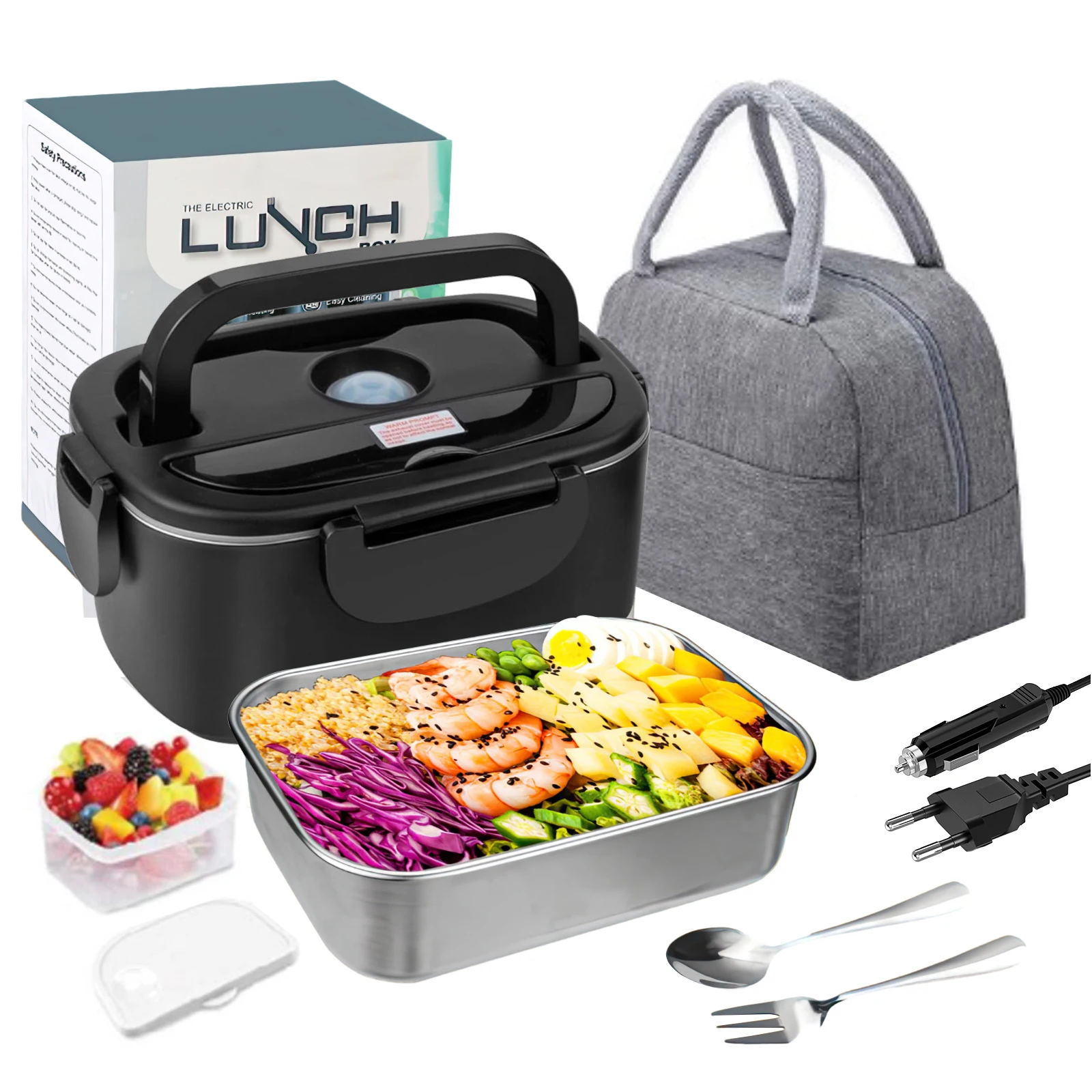 Lonchera Eléctrica 2 en 1 con Aislamiento Térmico y Contenedor Extraíble de Acero Inoxidable, Calentador de Comida Portátil para Auto, Oficina, Escuela – Auto + Hogar, 220V, 1.5L, 80W, Revestimiento de Acero Inoxidable Portátil, Lonchera Bento, Contenedor de Alimentos, Bento Box